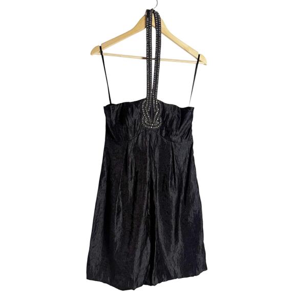 Laundry by Shelli Segal Black Satin Sleeveless Beaded Halter Mini Dress Size 10 - Picture 1 of 10